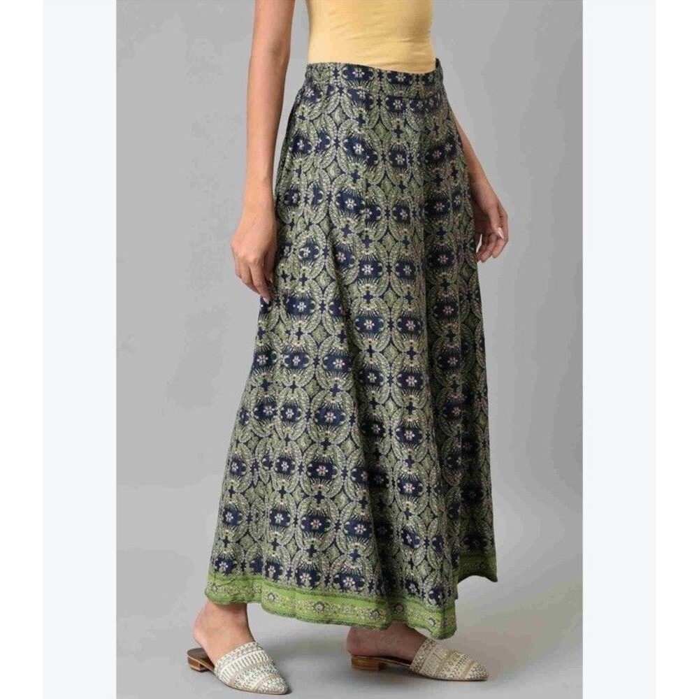W India Paisley Green Blue Flowy Bohemian Festival Maxi Wide Leg Culottes M